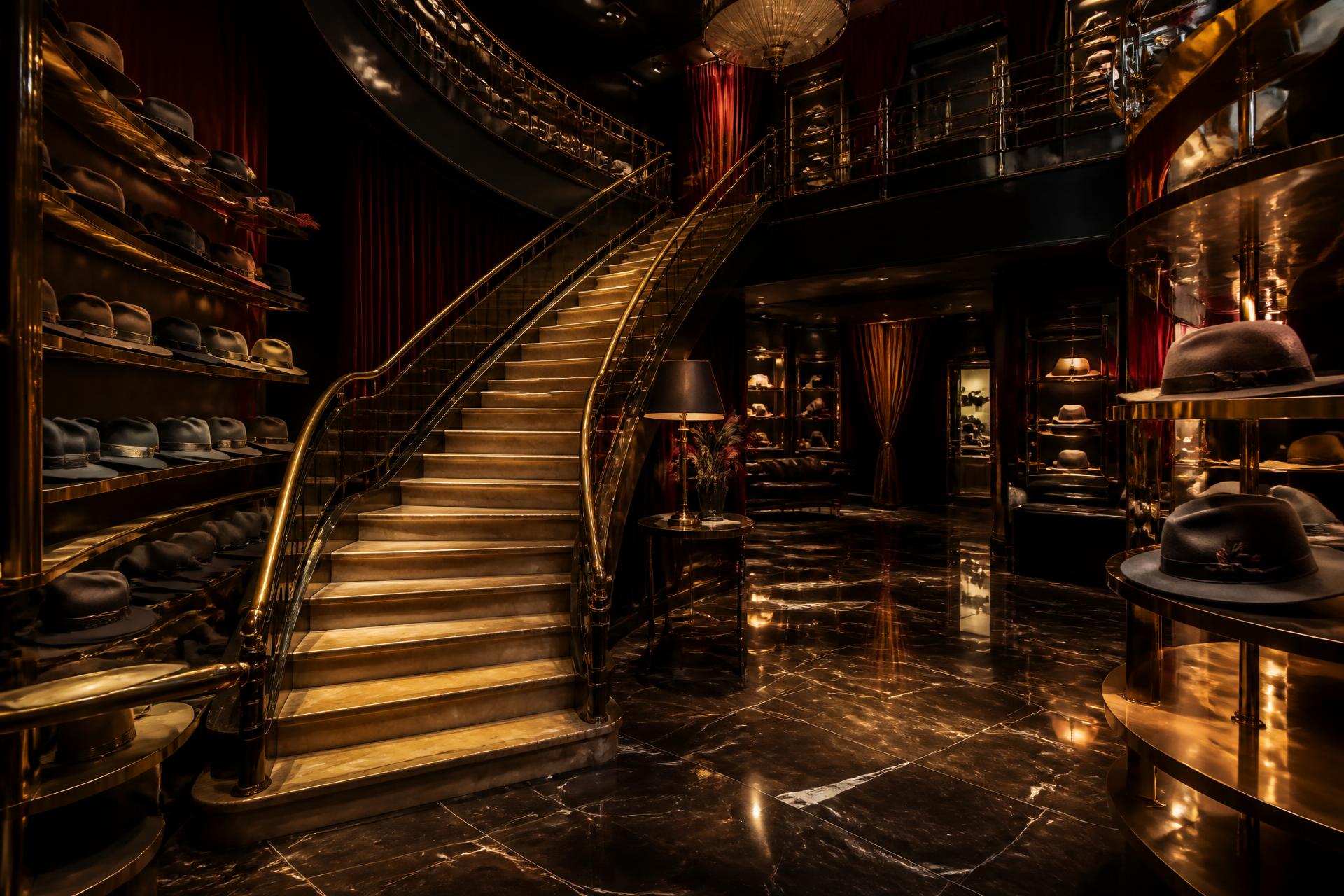 The upper hall of the Kerry Kouture boutique, brass staircase and fedora shelving