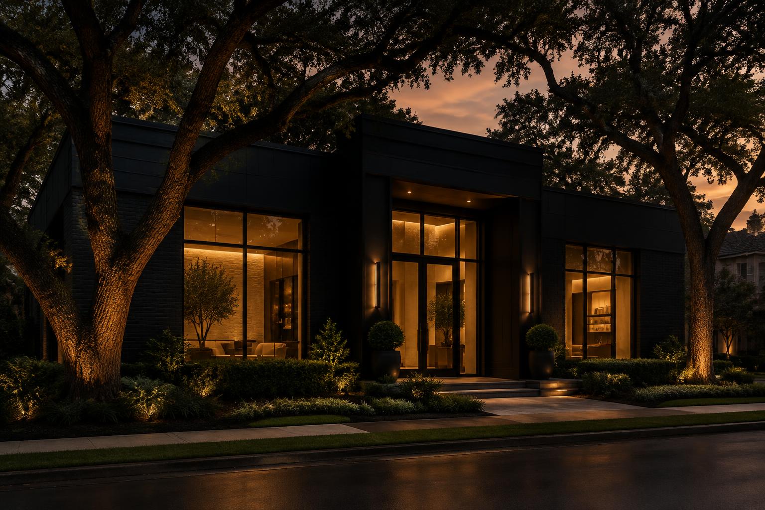 A boutique wellness building glowing at dusk under Houston live oaks