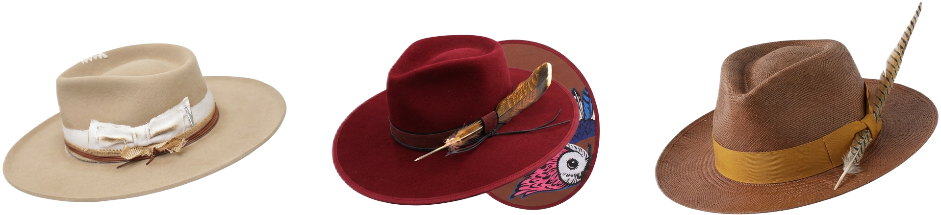 Kerry Kouture Beaver, Wool and Straw fedoras with signature owl underbrims
