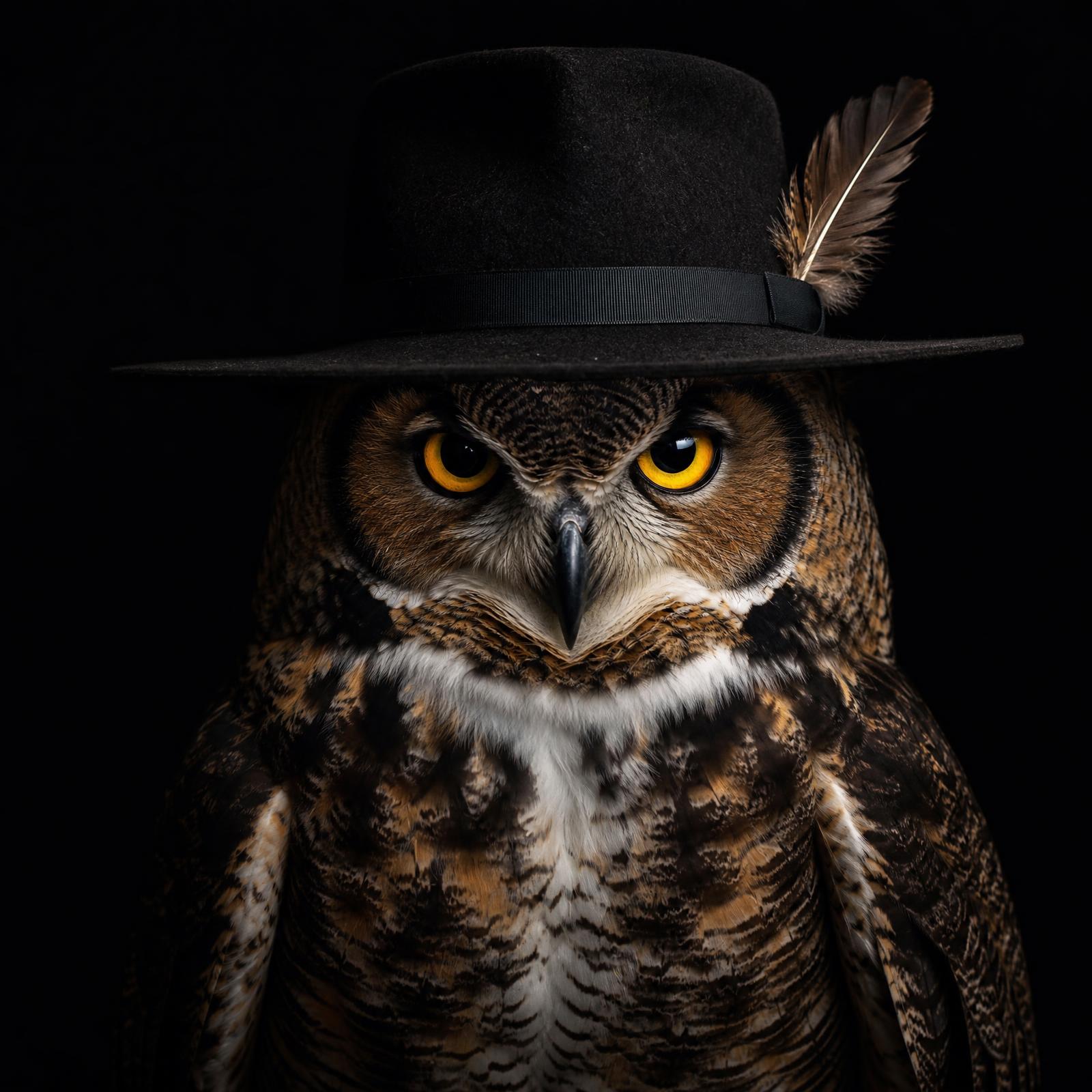 A regal owl wearing a Kerry Kouture fedora tipped on its head