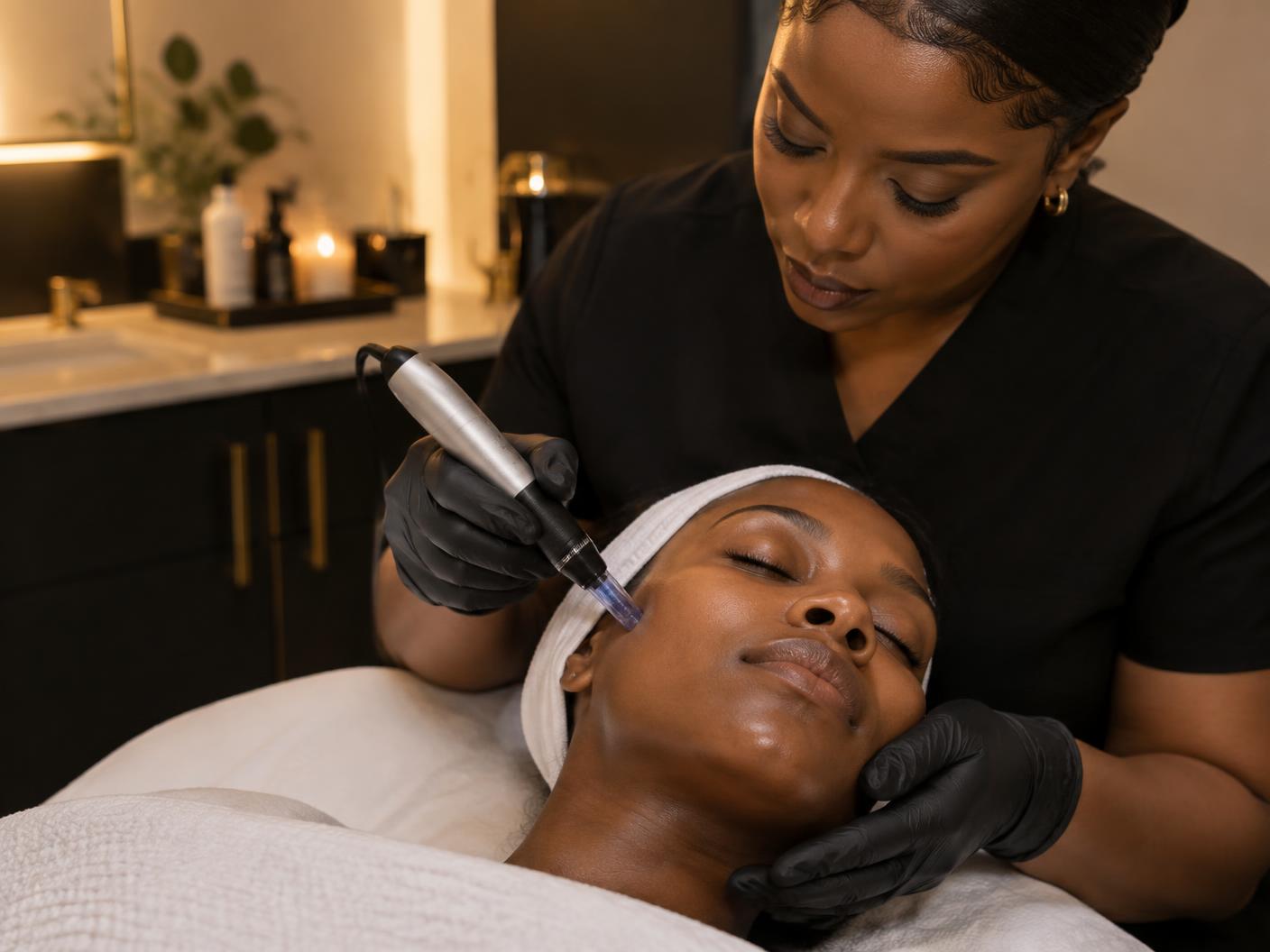 Black woman clinician performing microneedling on a Black woman patient