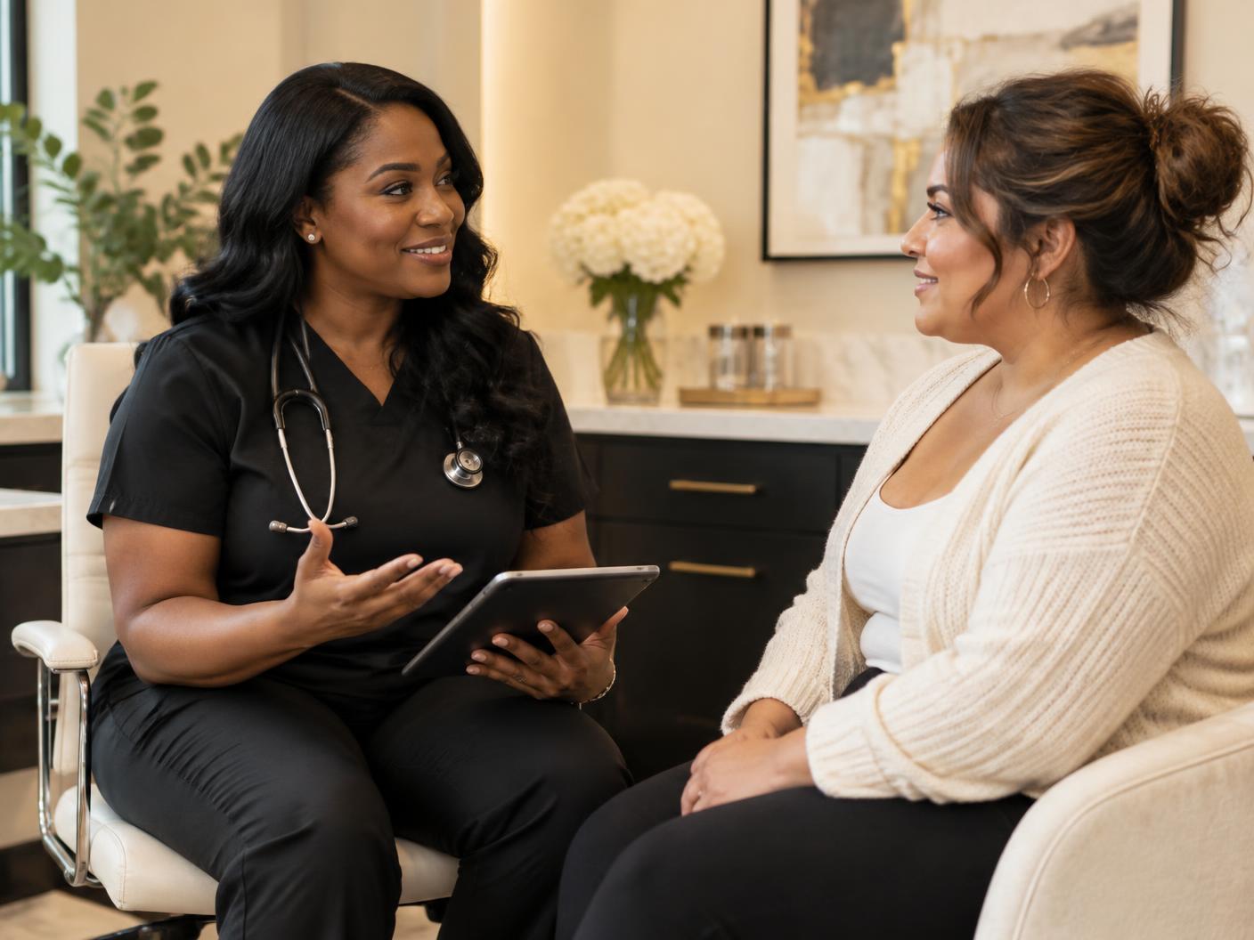 Black woman provider discussing weight management with a Latina patient